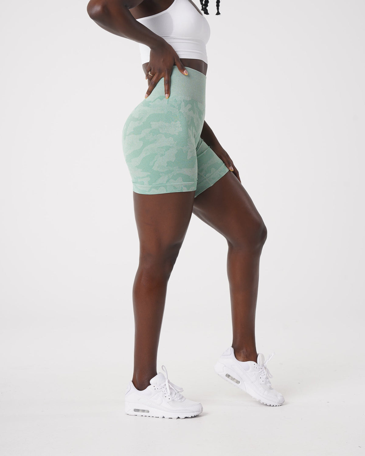 Women Sage Green Camo Seamless Shorts - NVGTN