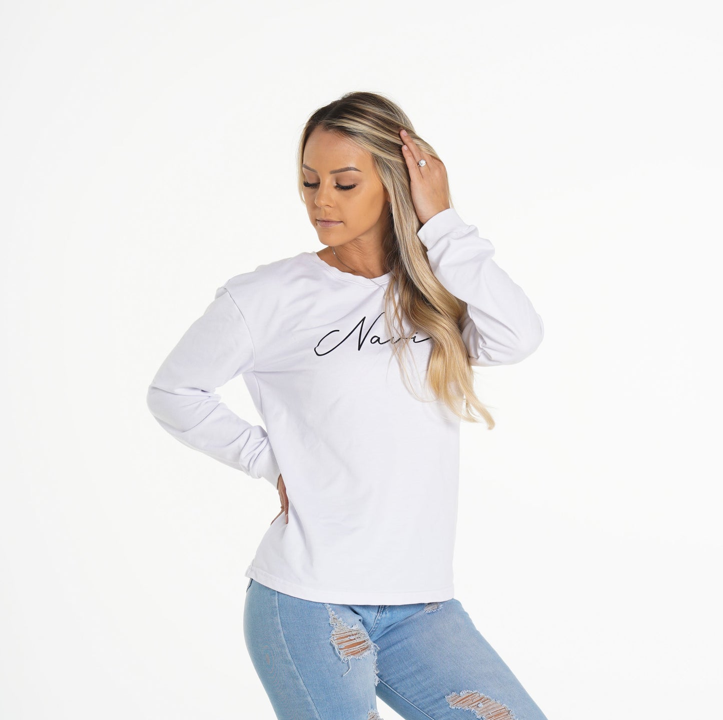 Women White Navi Crew Neck - NVGTN