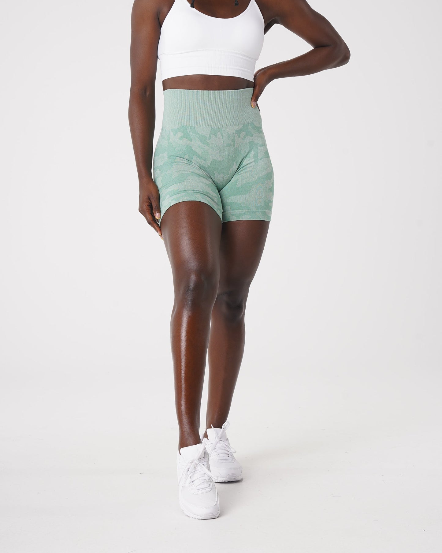 Women Sage Green Camo Seamless Shorts - NVGTN