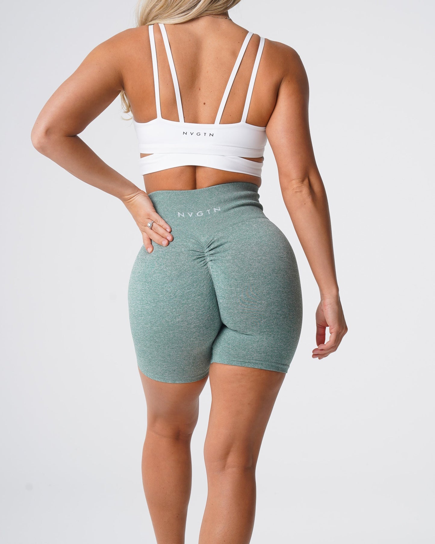 Women Sage Green Scrunch Seamless Shorts - NVGTN