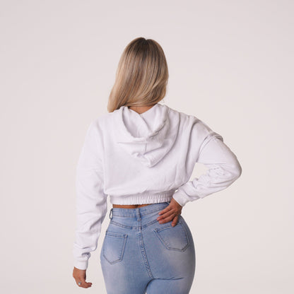 Women White Cozy Vibes Drop Shoulder Cropped Hoodie - NVGTN
