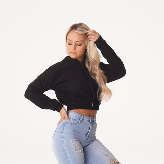 Women Black Cozy Vibes Drop Shoulder Cropped Hoodie - NVGTN