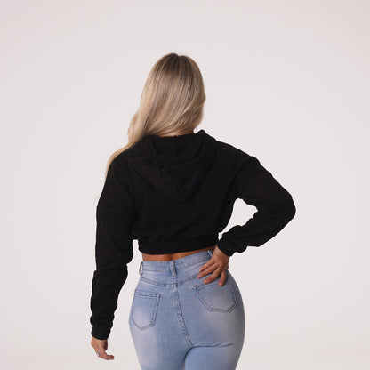 Women Black Cozy Vibes Drop Shoulder Cropped Hoodie - NVGTN