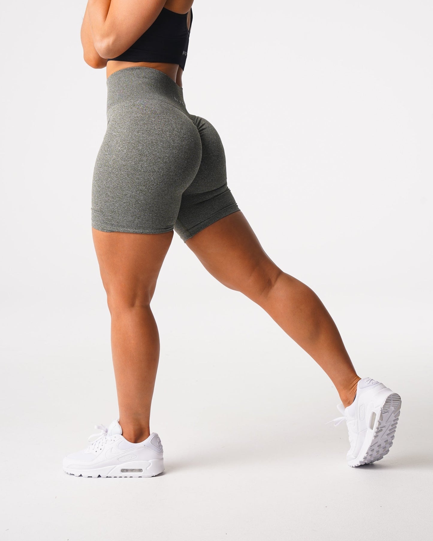 Women Khaki Green Scrunch Seamless Shorts - NVGTN