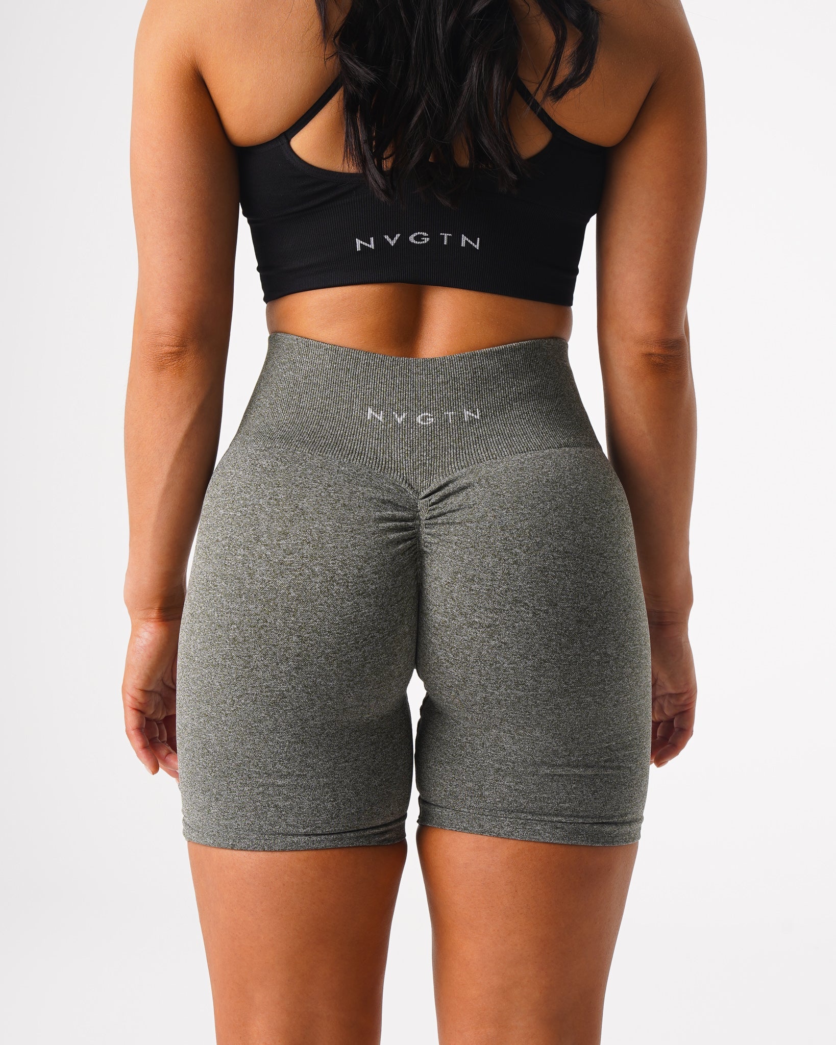 Women Khaki Green Scrunch Seamless Shorts - NVGTN