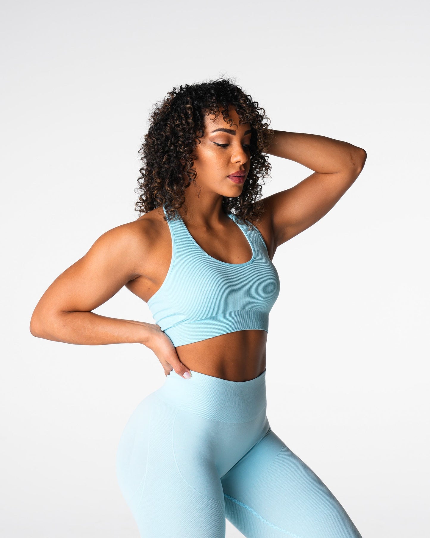 Women Pastel Blue Limitless Ribbed Seamless Halter Bra - NVGTN